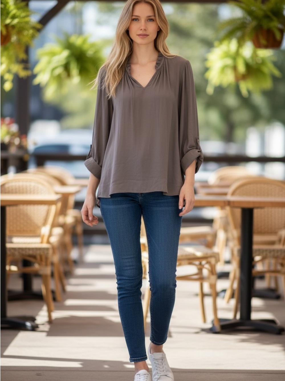 Simply Vera Vera Wang dark Taupe V-Neck Roll-Tab Sleeve Tunic